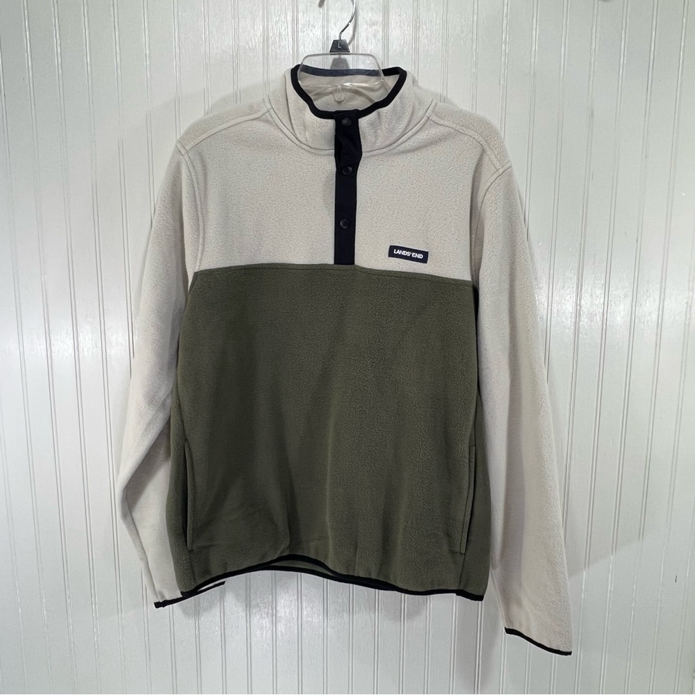 Lands End Polar Fleece Pullover Men’s Size Medium Stone/Olive Green